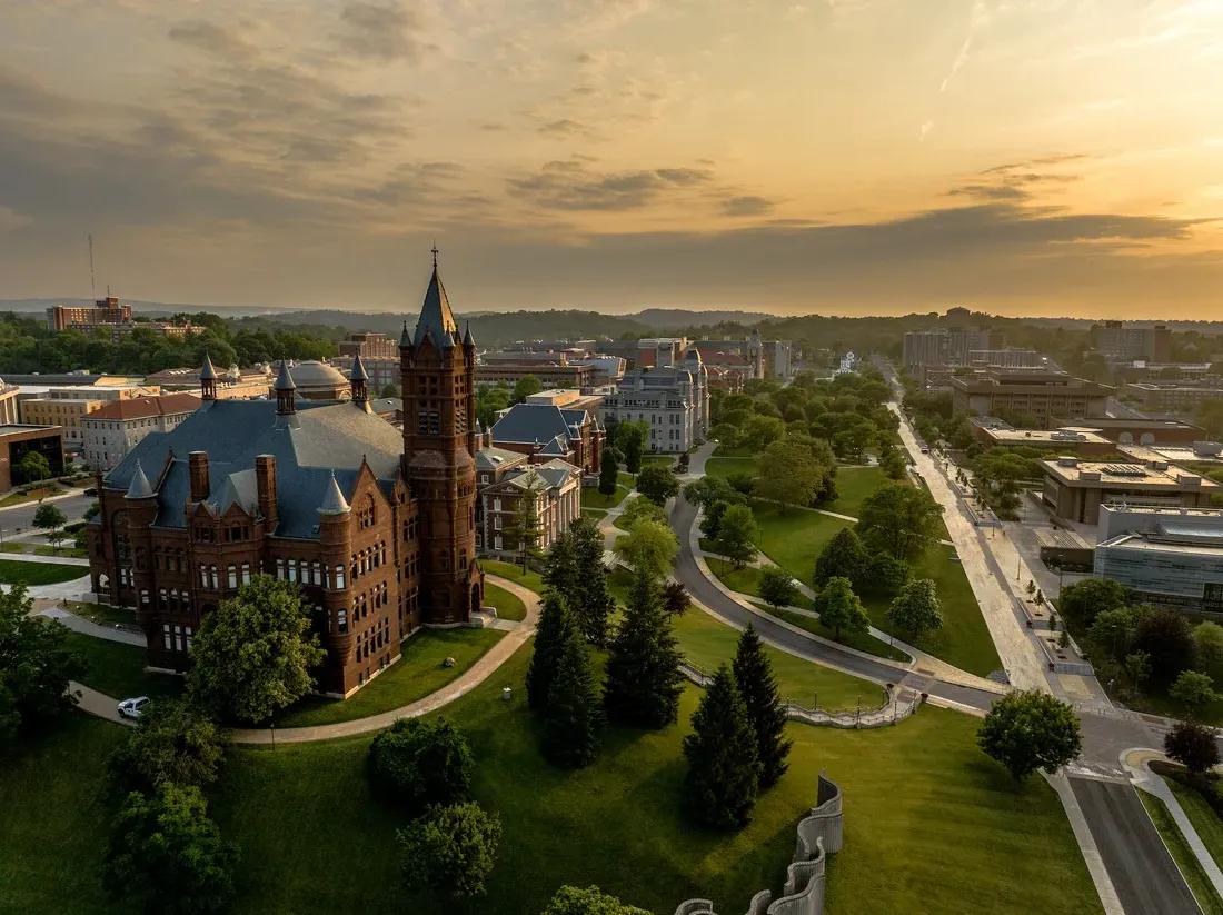 A drone image of campus.
