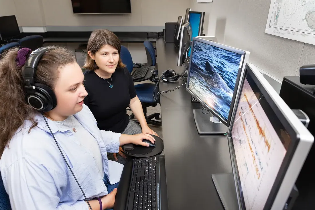 Two researchers in a lab listening to audio while looking at computer monitors.